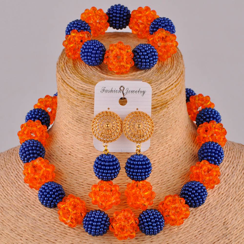 Royal Blue and Yelow African Beads Jewelry Set: Royal Blue Orange