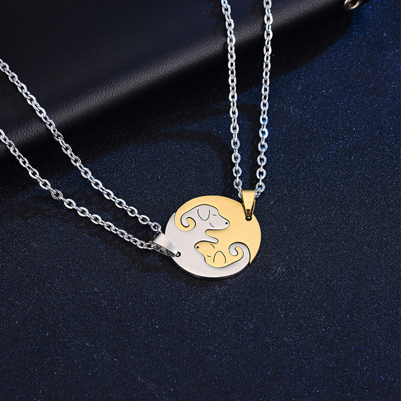 2pcs Personality Yin Yang Dog Couple Necklace Women Pair Pendant Matching Collar Stainless Steel Chain Stitching Jewelry