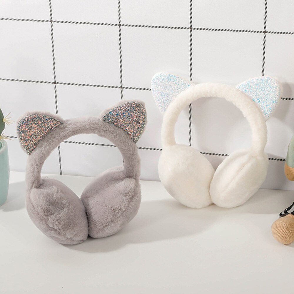 Orejeras de felpa con orejas de gato para niño, orejeras bonitas y cálidas para exteriores, de lentejuelas brillantes, suaves, diadema para niño, 6 colores