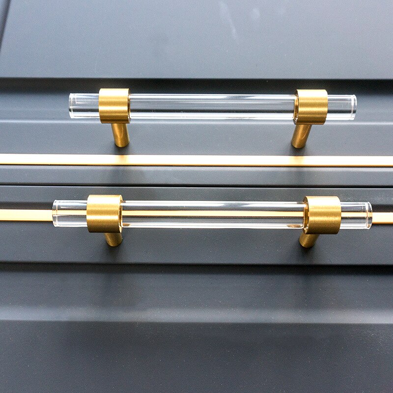 Acrylic + Brass Long Handle Modern Wardrobe Cabinet Door Handle Transparent Drawer Pulls T Bar Knobs Decor Furniture Hardware