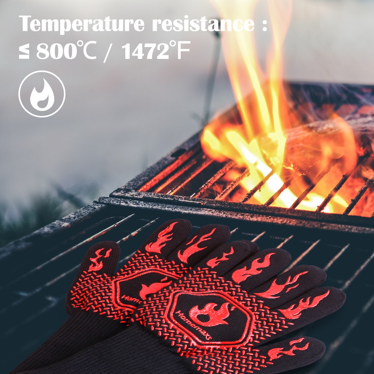 Par de Guantes Térmicos para horno HOMEMAXS resistentes a menos de 800 ℃, guantes protectores de algodón y silicona para barbacoa, guantes para cocinar a la parrilla (negro, rojo)