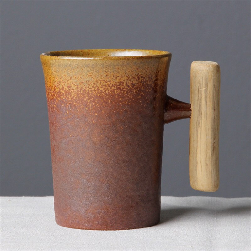 Japansk stil vintage keramisk kaffemugg tumlare rostglasyr te mjölk ölmugg med trähandtag vattenkopp hemmakontor drinkware: Röd