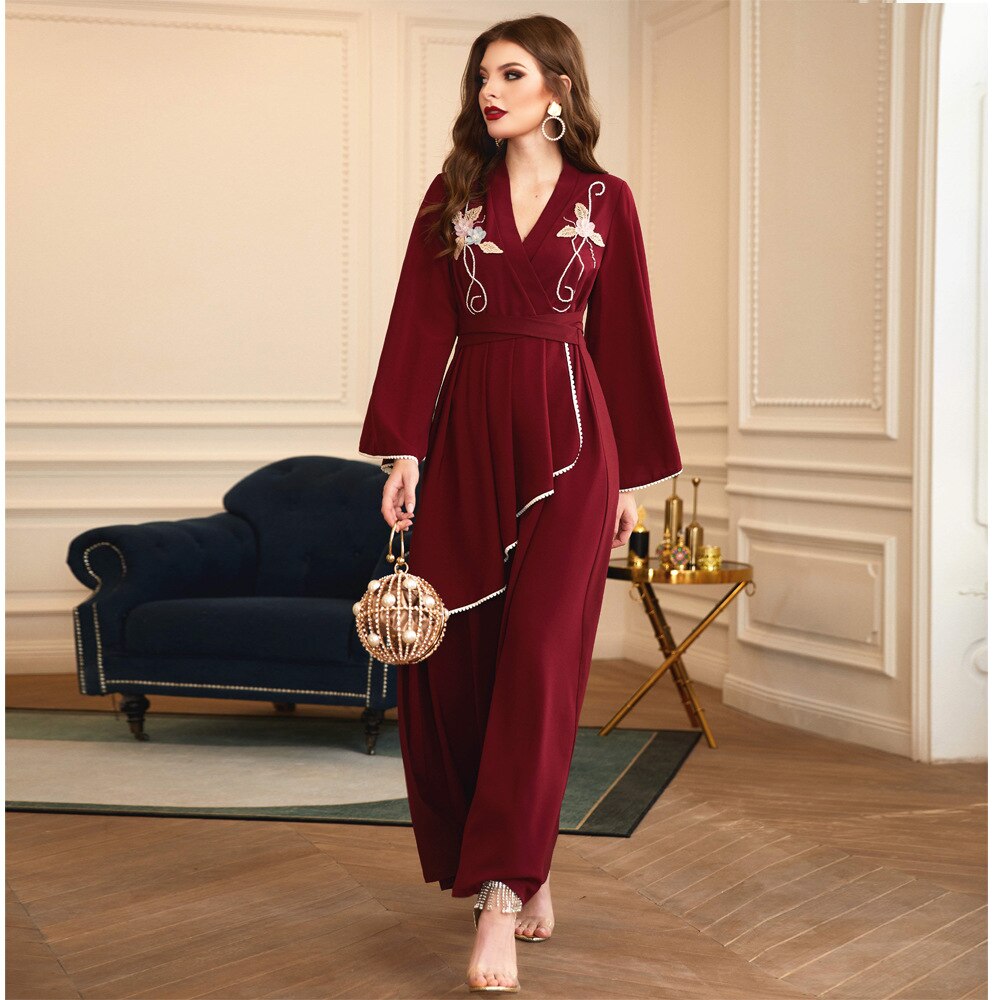 Dubaj ręcznie perły sukienka abaja kobiety moda wiosna migotać rękaw Eid suknia wieczorowa szata islamska muzułmanin turcja maroko ubrania