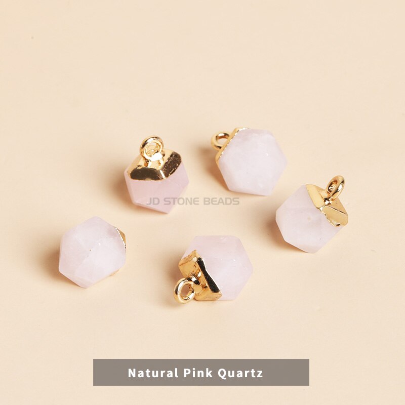 5 teile/paket Natürliche Stein Galvani Gold Rand Runde Anhänger Amethysten Kristall Achat Anhänger Perlen Frauen Mädchen Schmuck: Natural Pink Quartz