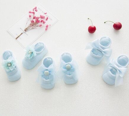 Baby Cotton Spring Newborn Baby Girl Kids Sock Flower Bowknot Lace Anti Slip Summer Sock Ribbon Children Slipper: Blue 3pair / 0 to 1year