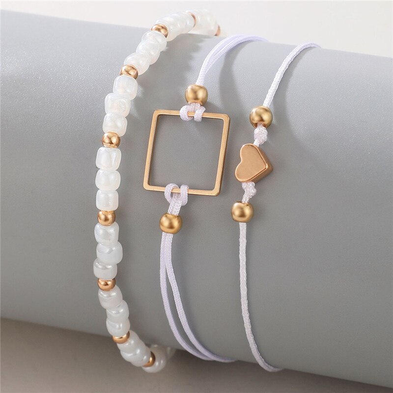 HuaTang 3pcs Boho Love Heart Pearl Anklet Set per donna multistrato geometrico regolabile corda catene per piedi gioielli da spiaggia femminile