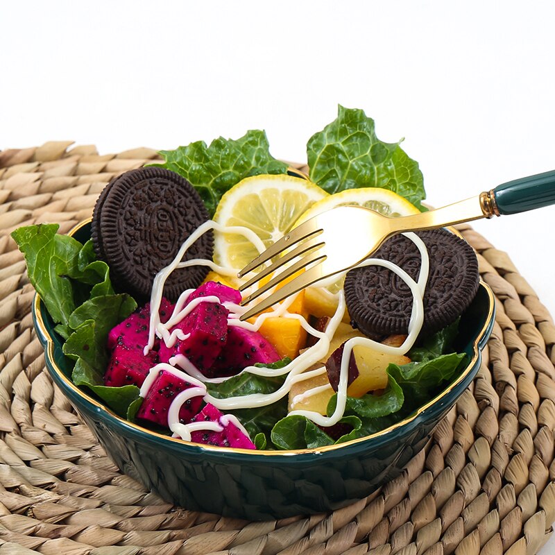 Bol à salade de fruits en céramique | Verte en or Style nordique, bonbons Biscuit soupe occidentale, bol à nouilles instantanées vaisselle