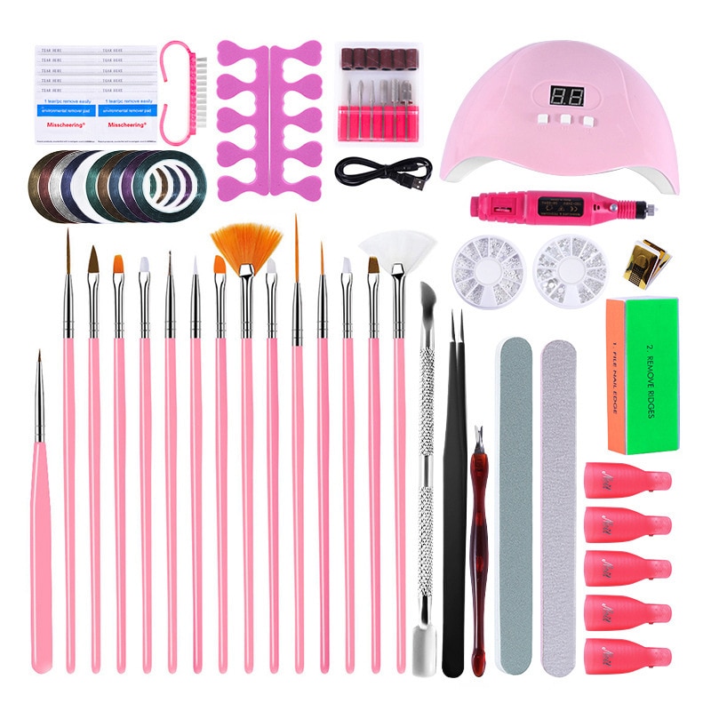 Uv lampe negleværktøj polering gel negle sæt med lampe negle pensel pen kit tegning diamant ornament dekoration polering manicure diy: Manicure sæt  tz08