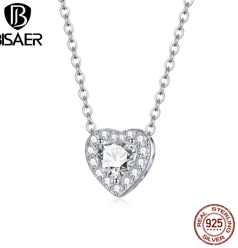 BISAER 925 Sterling Silber Überzogene Platin Zirkon Helle Liebe Herz Anhänger Halsketten Dazzling Luxus Schmuck ECN455