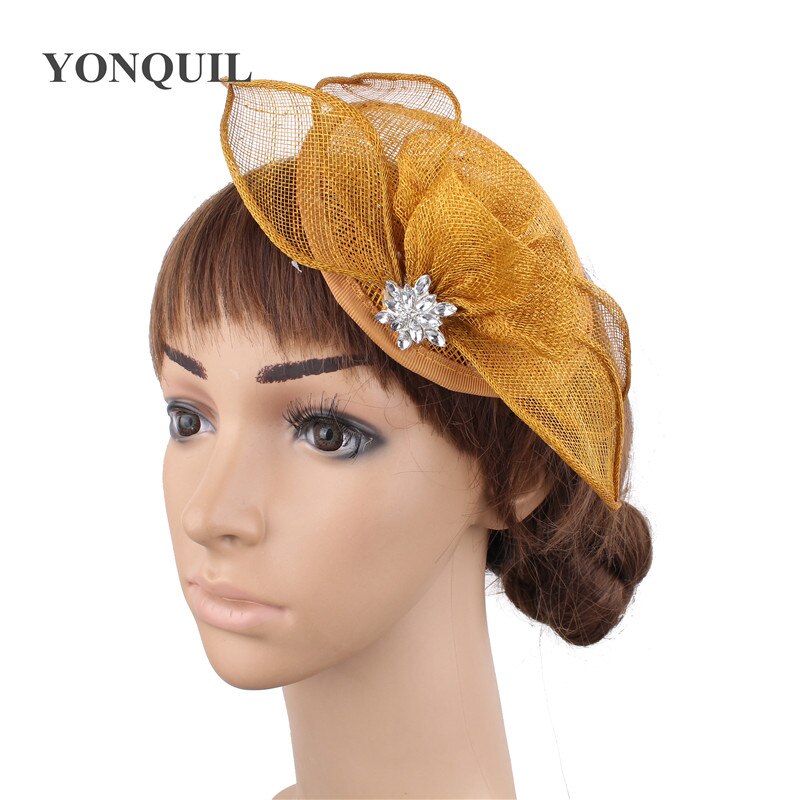 Gold sinamay wedding bride fascinator hat women headwear formal dress party dinner occasion chapeau cap headband