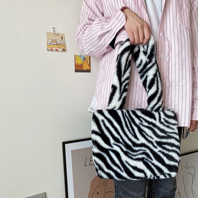 Bolso de hombro esponjoso para mujer, bolsa de hombro con estampado de leopardo, cebra, cuadros, corazón de amor, suave, de felpa, cálido,: B-3