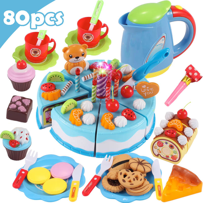 Neueste DIY Pretend Spielen Obst Schneiden Geburtstag Kuchen Küche Lebensmittel Spielzeug Cocina De Juguete Spielzeug Rosa Blau Mädchen für kinder: 80Pcs Blue