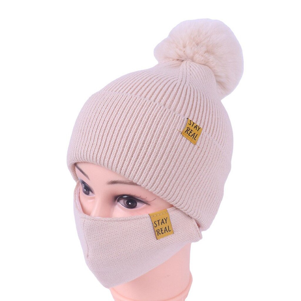 Kvinder vinterhatte hatte strikket faux pels beanies cap afslappede hætter til udendørs uld hemming hat med hår kugle femme: Beige