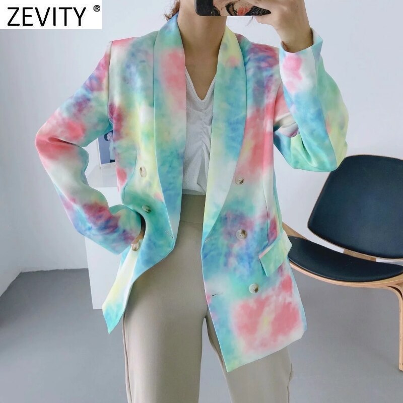 Zevity dames dubbelrijs kleurrijke tie-dye blazer jas dames lange mouwen casual bovenkleding pak chique merk tops  ct557