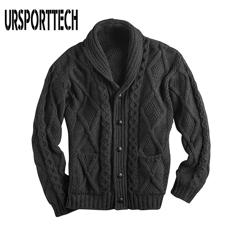 100%  irländsk merinoull aran button herrtröja höst vinter kofta tröja slim fit varm stickad tröja kappa