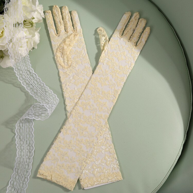 JaneVini-Guantes Blancos elegantes para mujer, manoplas de encaje para boda, longitud del codo, guantes de mano nupciales de dedo completo, accesorios de boda largos,