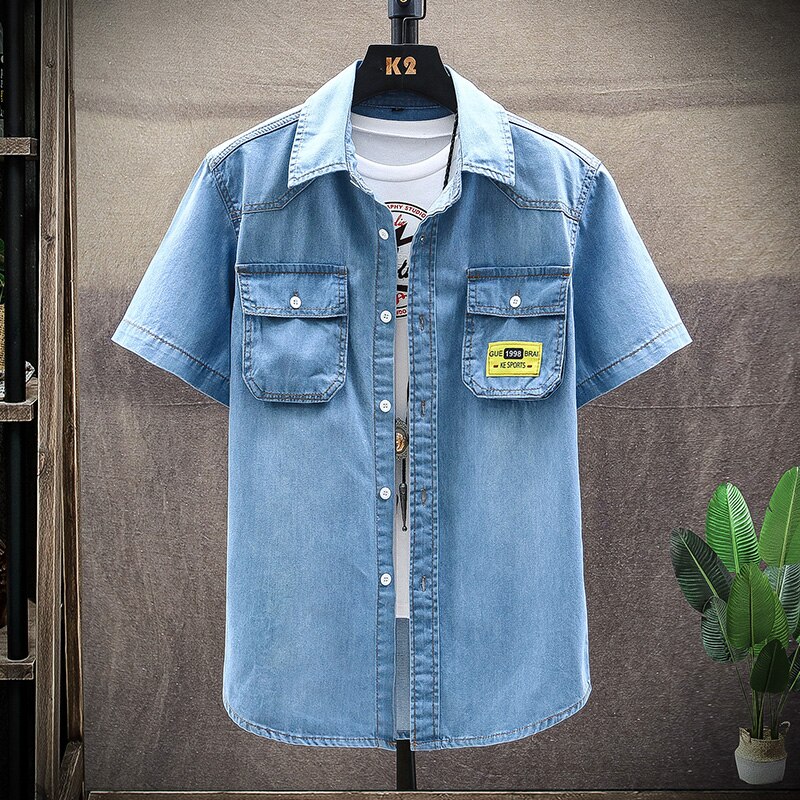 Men's Blue Denim Shirts Short Sleeve Jean Shirts Summer Men Cotton Light Blue Denim Shirts Size