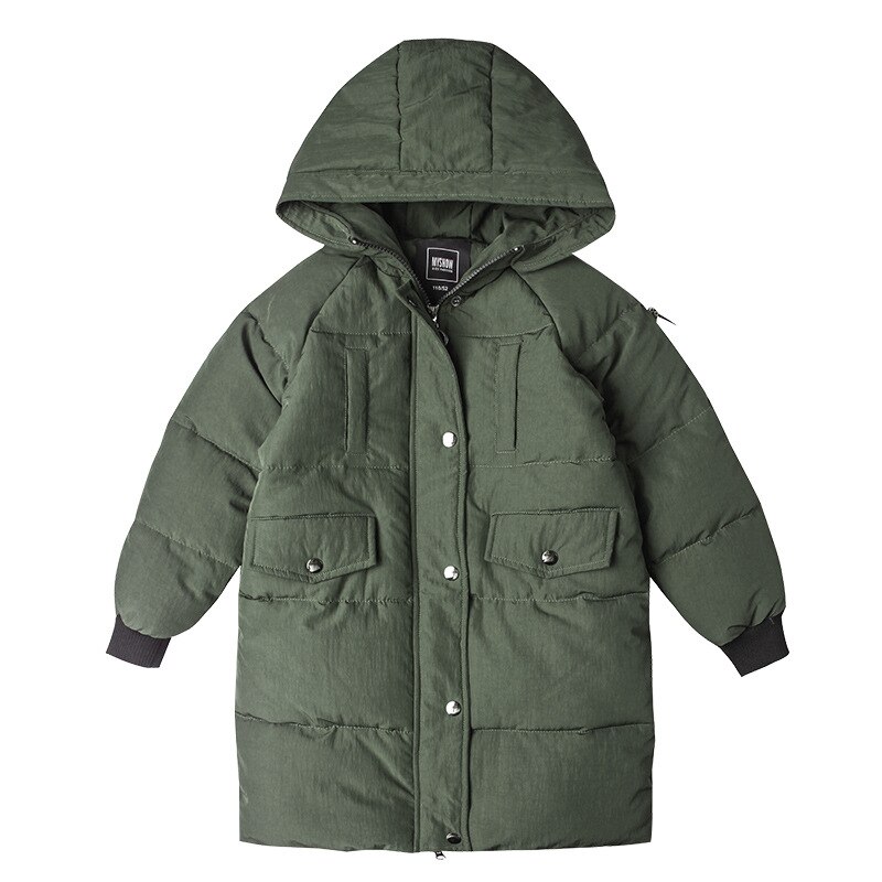 Inverno longo menino jaqueta quente preto verde acolchoado grande bolso com capuz para baixo acolchoado jaqueta crianças lazer à prova de vento juventude jaqueta neve