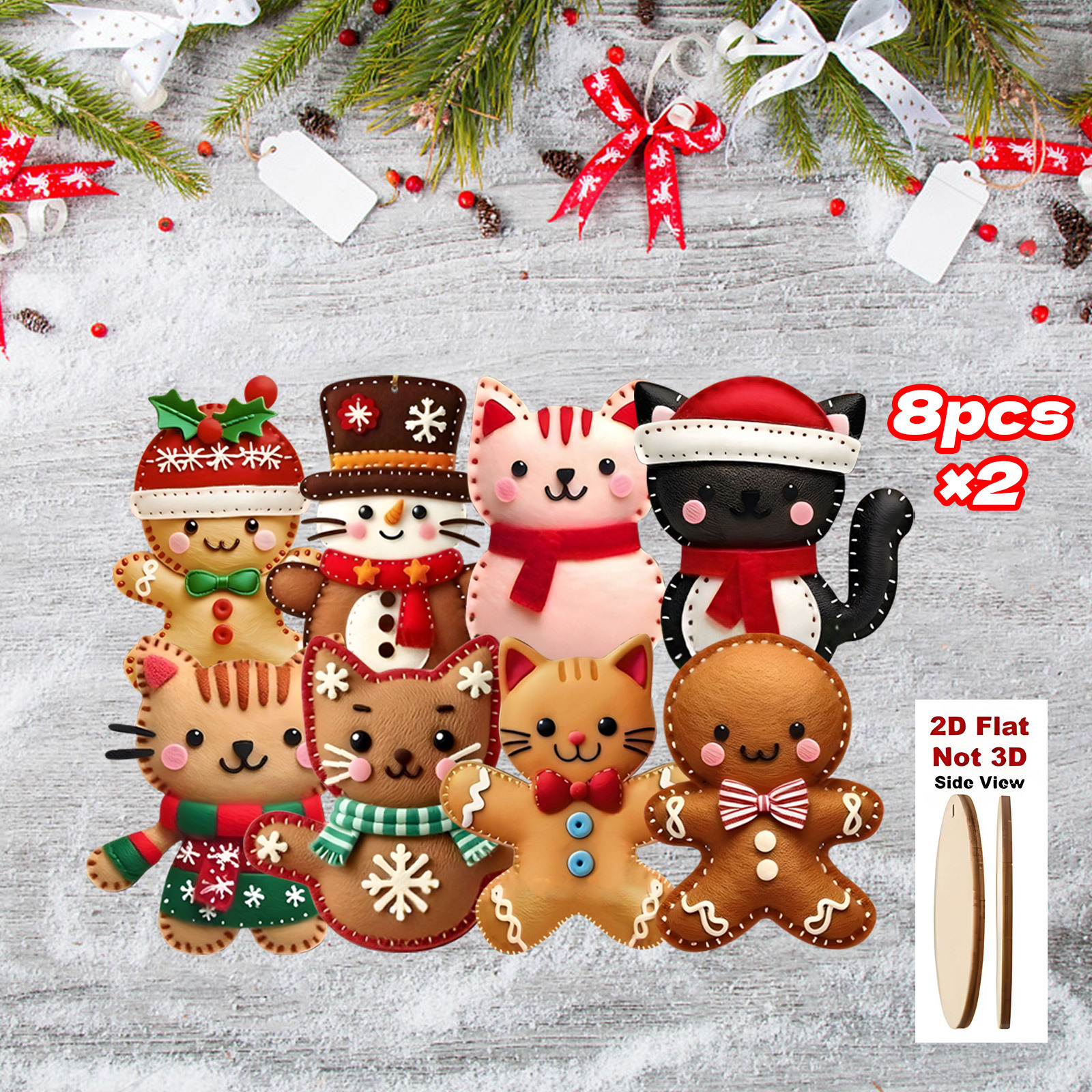 8 stks 2D Platte Peperkoek Krabpaal Toppers-Kerstornamenten met Opknoping Lus Kunstmatige Houten Decoratie voor Kerstboom: Fluorescentie Geel