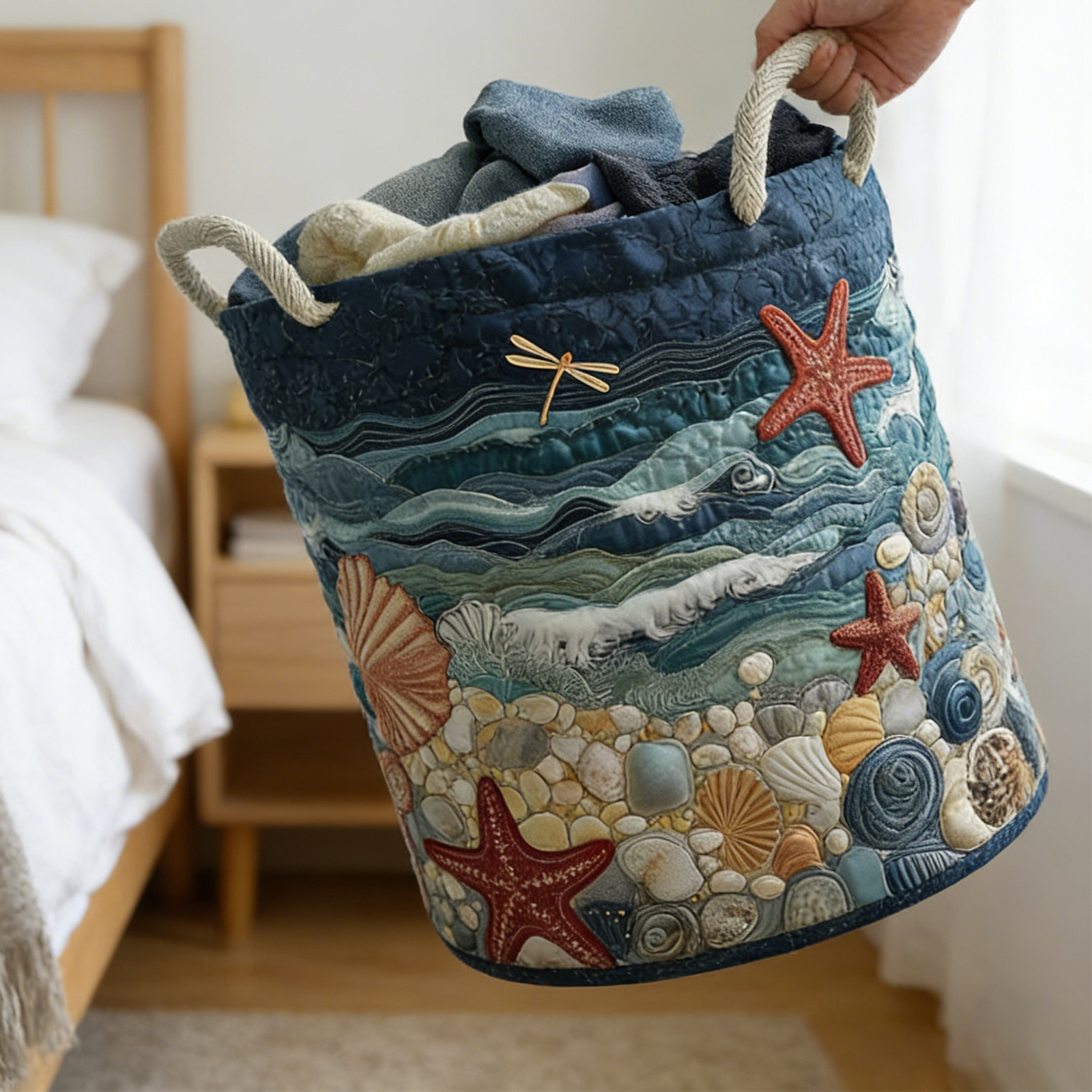 Gestikte wasmand met handvat, boho kledingopbergmand, vintage stof, bloemenopbergmand voor kinderkamer en wasruimte