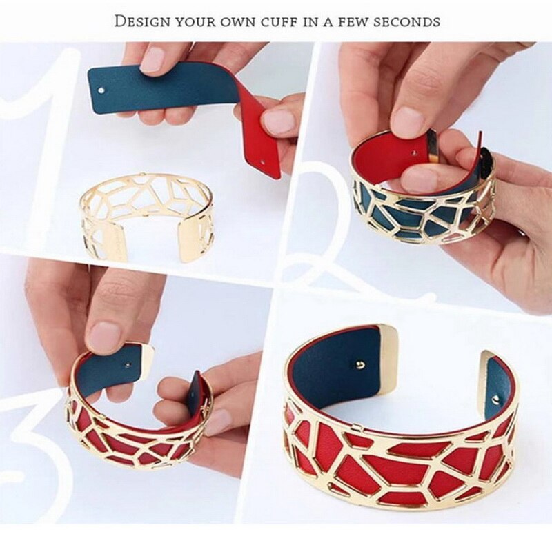 25mm reversible leather insert cuff Manchette Geometric Georgette Bijoux Interchangeable open bangle bohemian bracelet for women