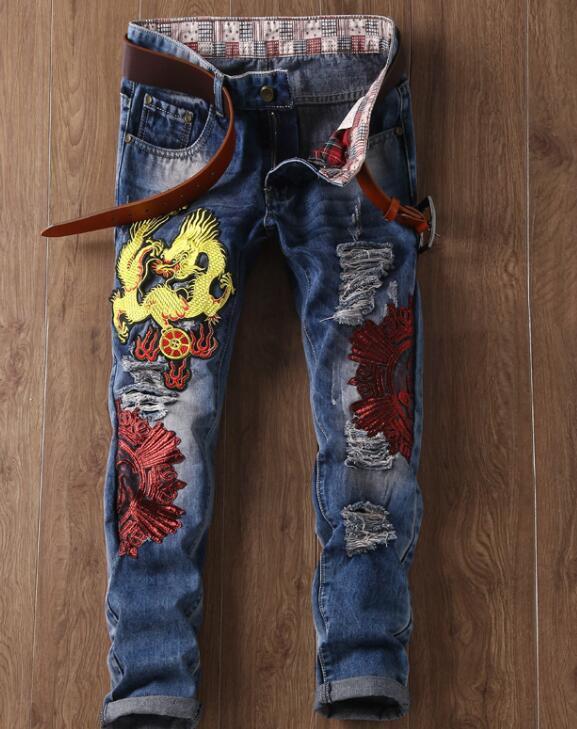 Lente Mannelijke Mode Borduren Straight Slim Fit Cowboy Broek Man Gat Gescheurde Jeans Voor Mannen Streetwear Biker Broek Heren: 32
