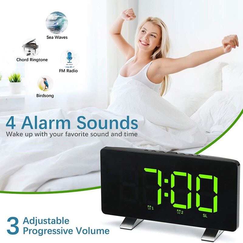 Alarm Clocks for Bedrooms with FM Radio, Dual Alarms, 6.7Inch LED Sn, USB Port for Charging, 4 Brightness, 12/24H