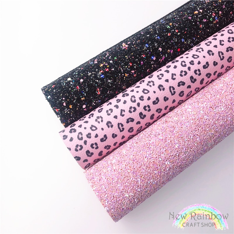 Tykt glitterark pink leopard kunstlæder 22 x 28cm/ stk, kunstlæder ark stof til håndværk, øreringe diy håndlavet stof