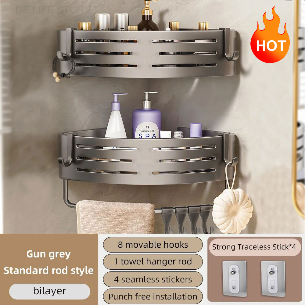 1-2PCS Badezimmer Eckregal mit Kunststoff Haken Handtuchhalter Kein Bohrenraum Aluminium Dusche Lagerregal Badezimmer Organizer: Bronze