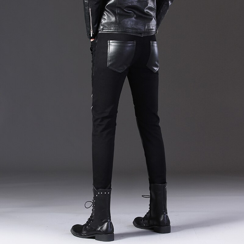 Men's Slim-Fit Leather Pants Teen Trend Semi-Leather Pants Stitching Skinny Leather Pants