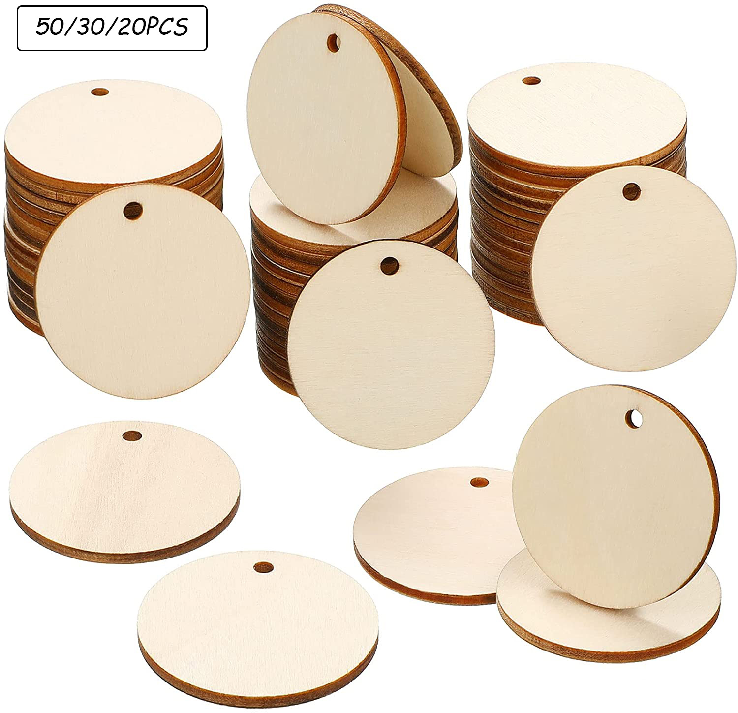 20/30/40/50mm Natural Unfinished Round Wood Slices With Hole,Blank Discs,DIY Crafts Wedding Party Christmas Home Decoration