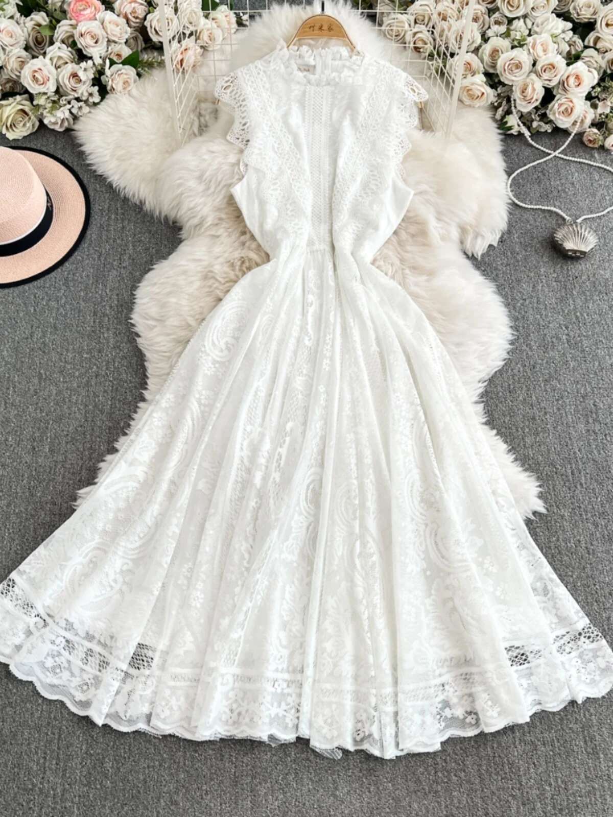 Kirjonta pitsi pitkät mekot naiset kesä röyhelöt kukka ontto mekko iltajuhla hääpuku vestidos