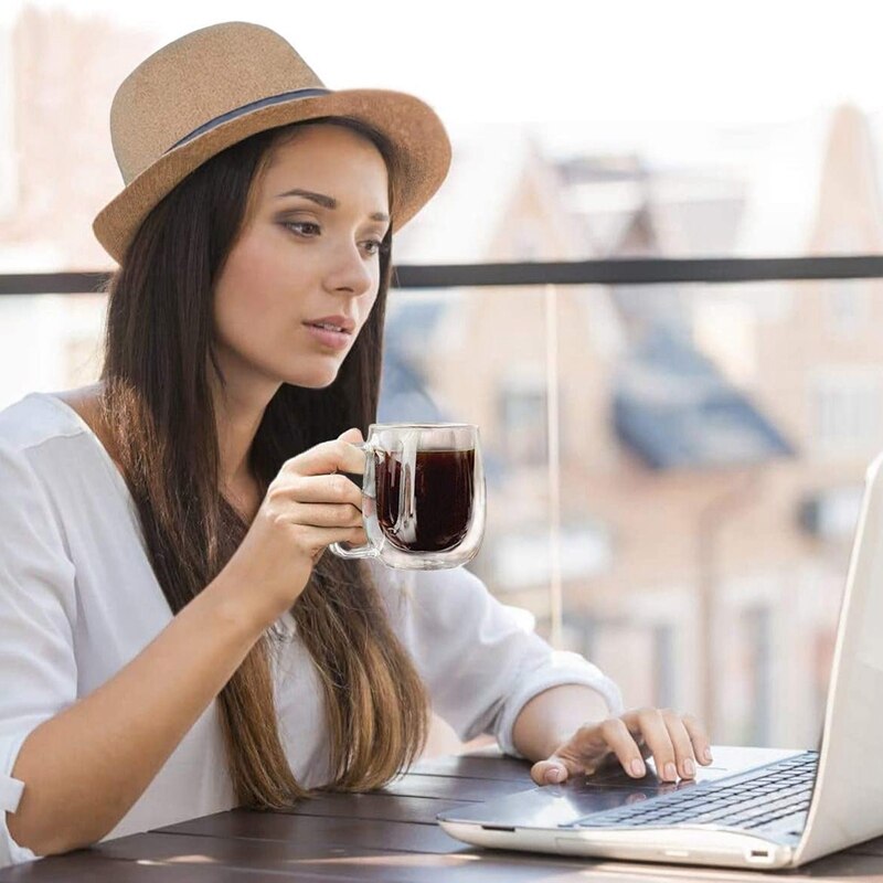 Lber dubbla väggglas kaffemuggar tekoppar set  of 2,  värmeisolerade och ingen kondens med brett handtag  (300ml)