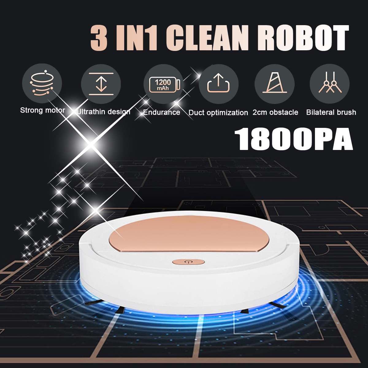 3 en 1 inteligente barredora Robot casa Durable potencia de limpieza de piso Robots aspiradora 1800pa