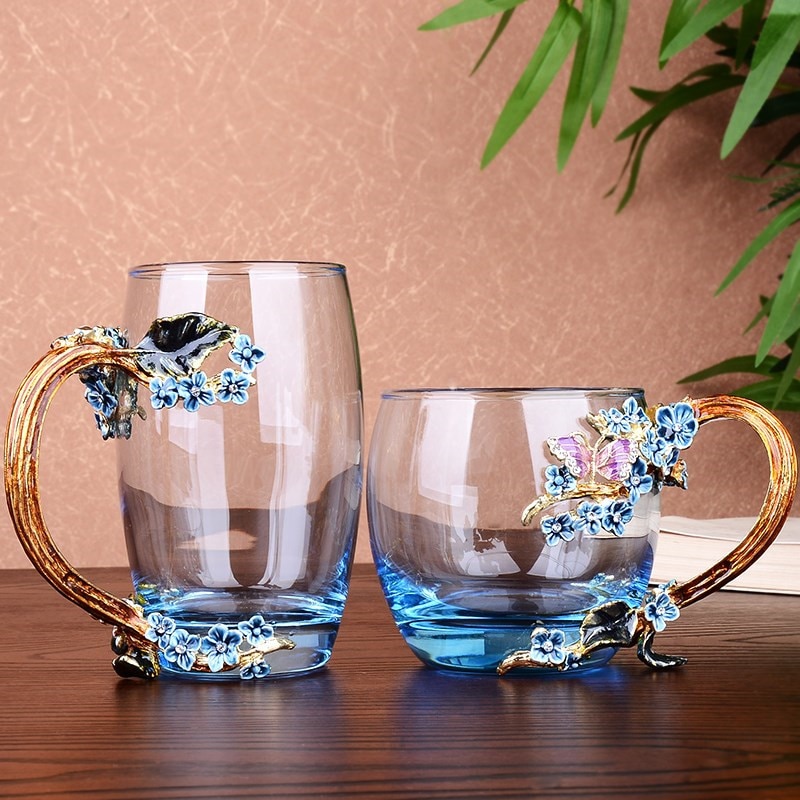 Emalje kaffekopp krus blomst te drikkeglass kopper med håndtak til og kalde drikker med hettepute og tørkeklut til