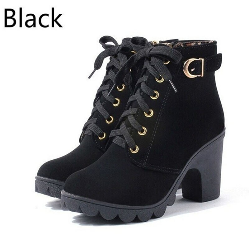 GAOKE Plus Size Enkellaars Vrouwen Platform Hoge Hakken vrouwen Laarzen Gesp Schoenen Dikke Hak Korte Laars Dames