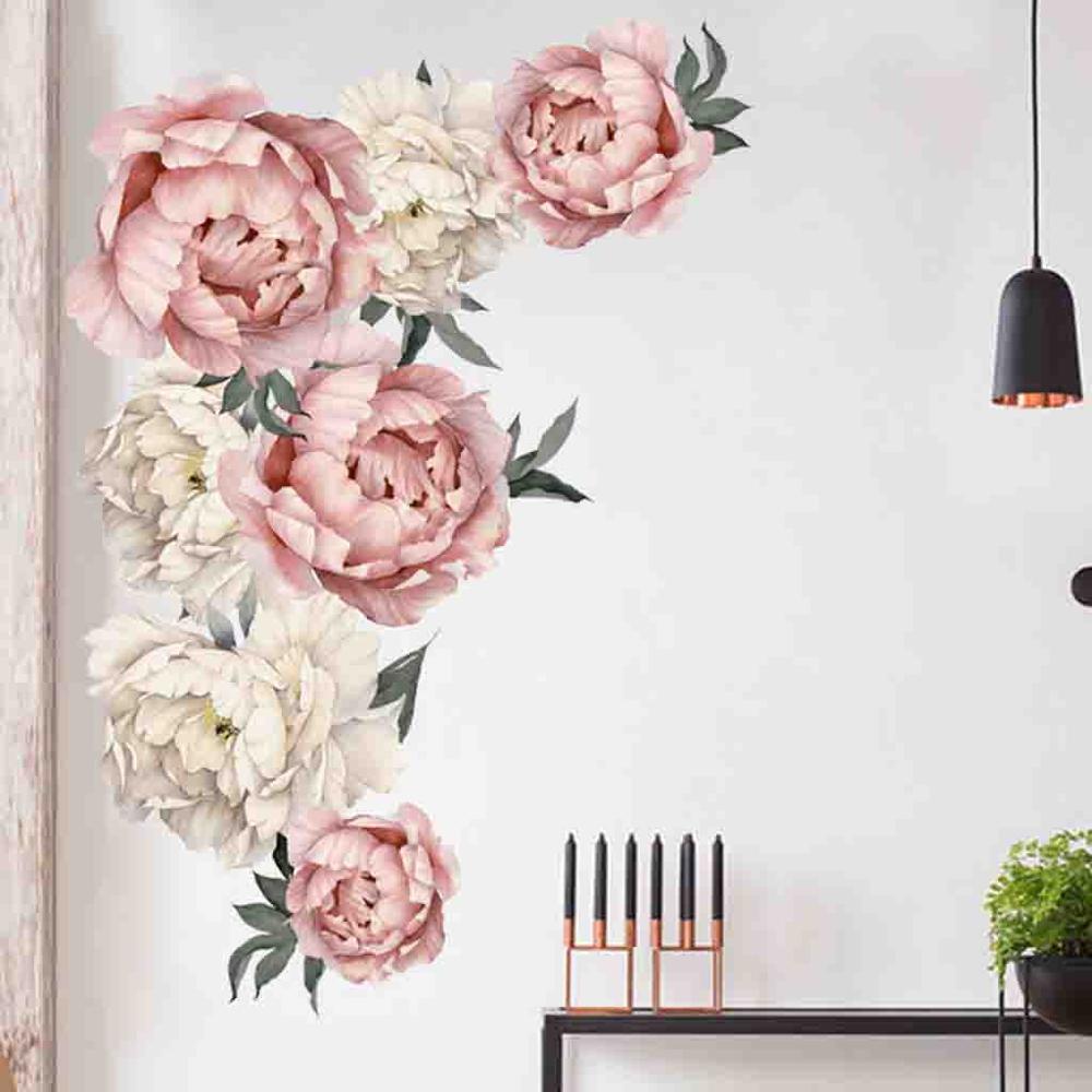Plante verte autocollant Mural bricolage pivoine Rose fleurs plage feuilles de palmier tropicales Stickers muraux Art moderne vinyle décalcomanie murale