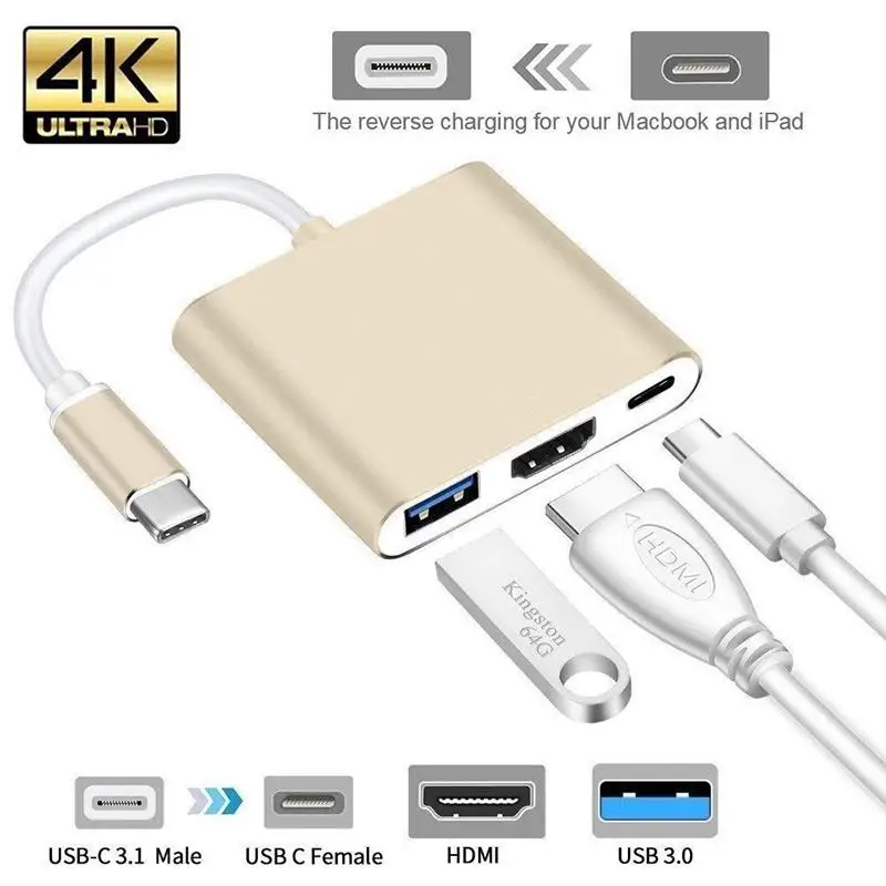 Konwerter Usb c na Hd adapter typu c na HDMI/USB 3.0/typ C adapter rodzaj-c aluminium dla MacBook zawodowiec/powietrze/Huawei kumpel: ZŁOTO
