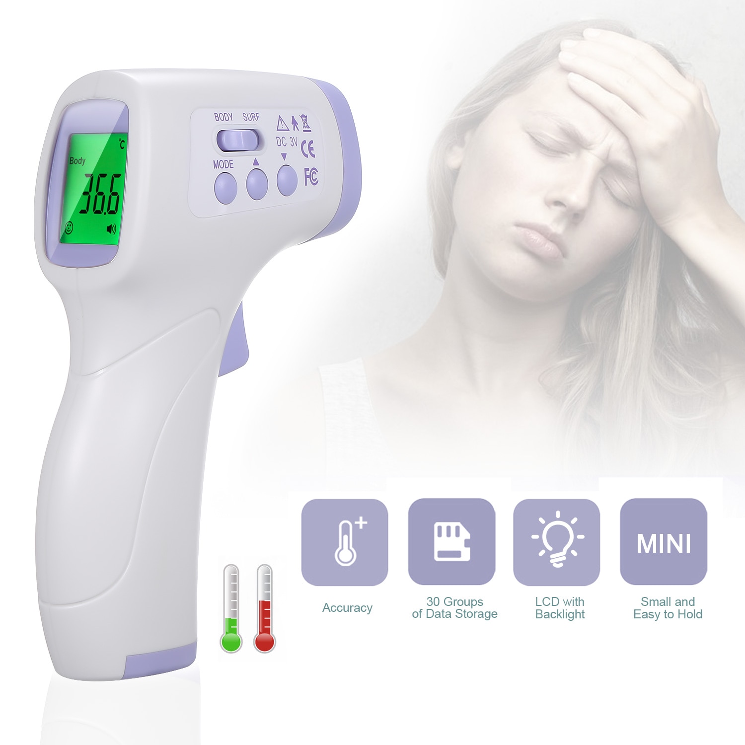 VIP Non-contact Infrafred Thermometer Forehead Ear Thermometer 0.5s Fast Reading Beep Alarm LCD Display 3-color Backlight