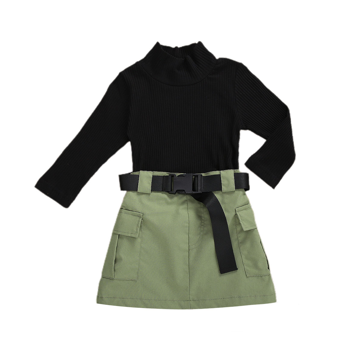 Nuovo Del Bambino Del Bambino Delle Ragazze Abiti Infantili Capretti del Vestito Manica Lunga Dolcevita Nero Lavorato A Maglia Maglione Magliette E Camicette Fiocchi E Fasce Cinture Cargo Gonne