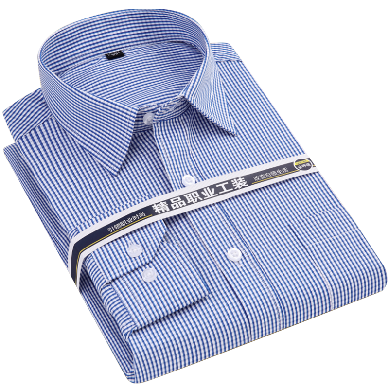 Light Blue Plaid Shirt For Men Long Sleeve Dress Shirts Regular Fit Checked Male Clothing Chest Pocket