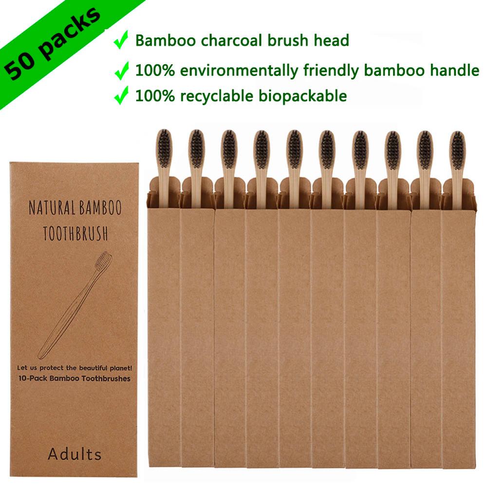 50pcs Natural Bamboo Toothbrush Wood Toothbrushes Soft Bristles Capitellum Fiber Teeth brush Eco-Friendly Oral Tooth Care: Bamboo Charcoal