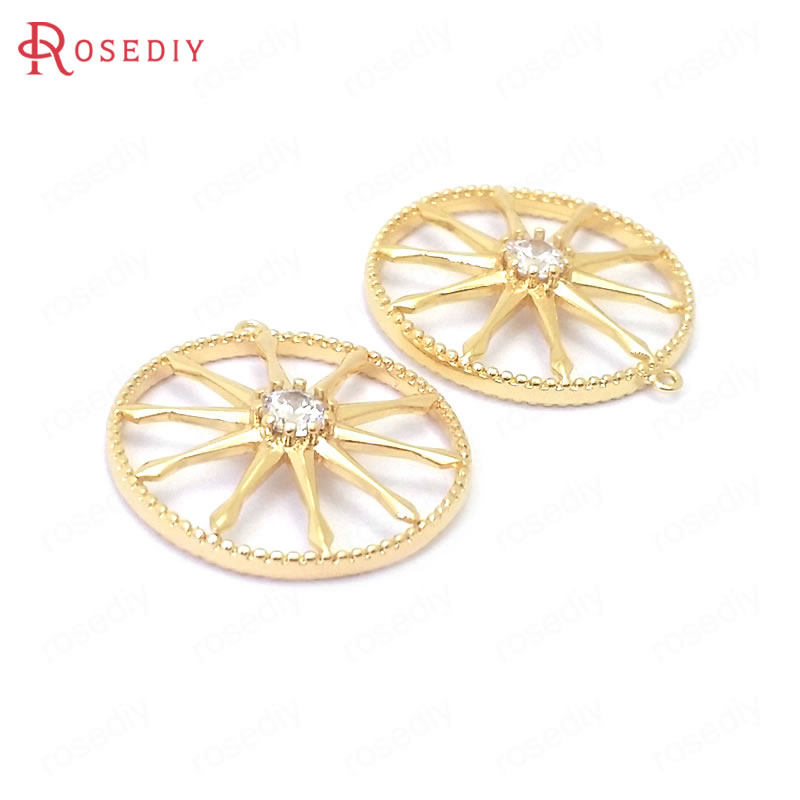 (39063)6PCS 17x18.5MM 24K Gold Color Brass and Zircon Round Star Charms Pendants Jewelry Making Supplies Diy Accessories