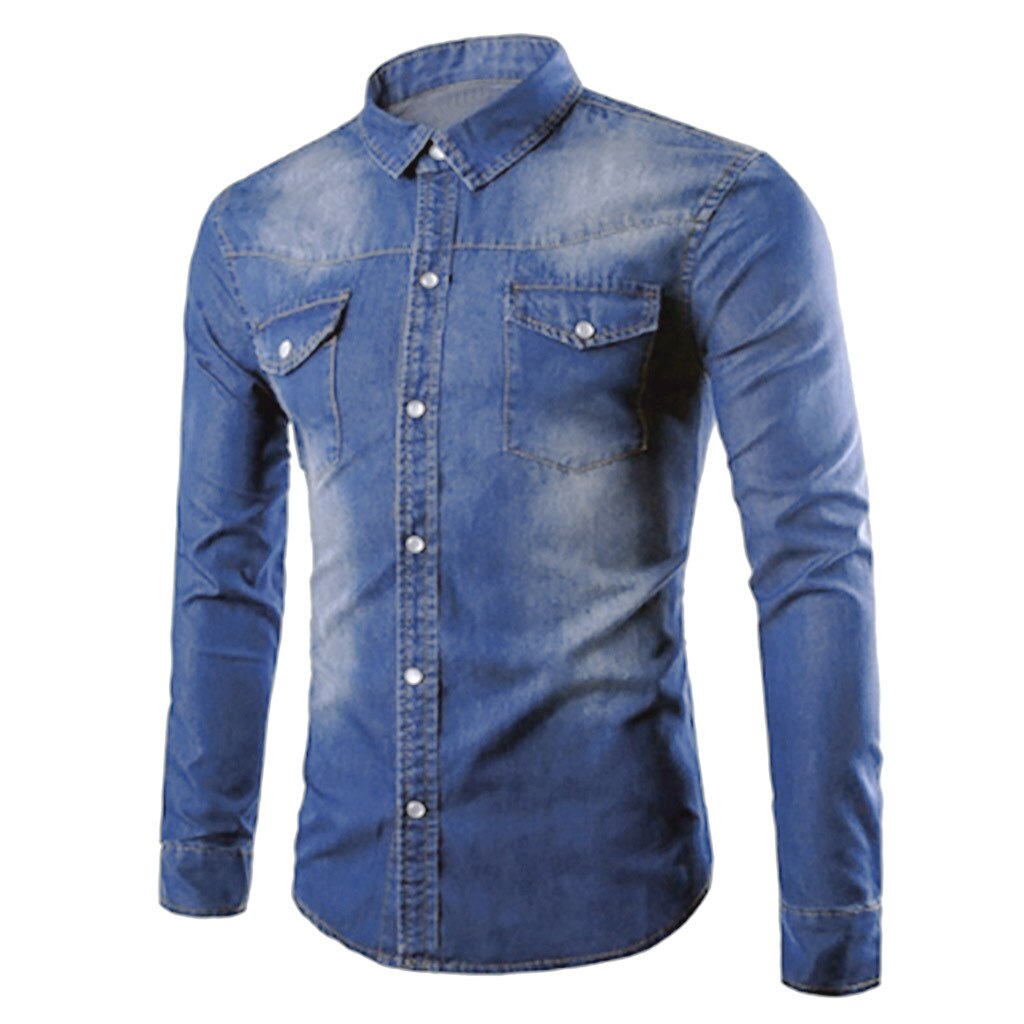 Mænds denim skjorter slim fit langærmet skjorte denim skjorte mænd casual slim fit knap skjorter med lomme herre skjorte