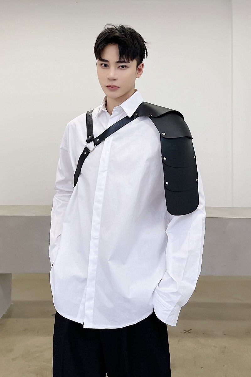 Printemps été Streetwear Japonais Hip Hop PU Bandage Noir Fonctionnel Vent À Manches Longues Chemise homme Ample Décontracté