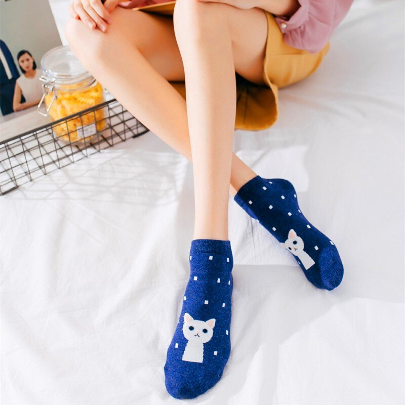 5Pairs Spring Summer Cartoon Cat Socks Cute Animal Women Socks Funny Ankle Socks Ladies Girls Cotton Invisible Socks