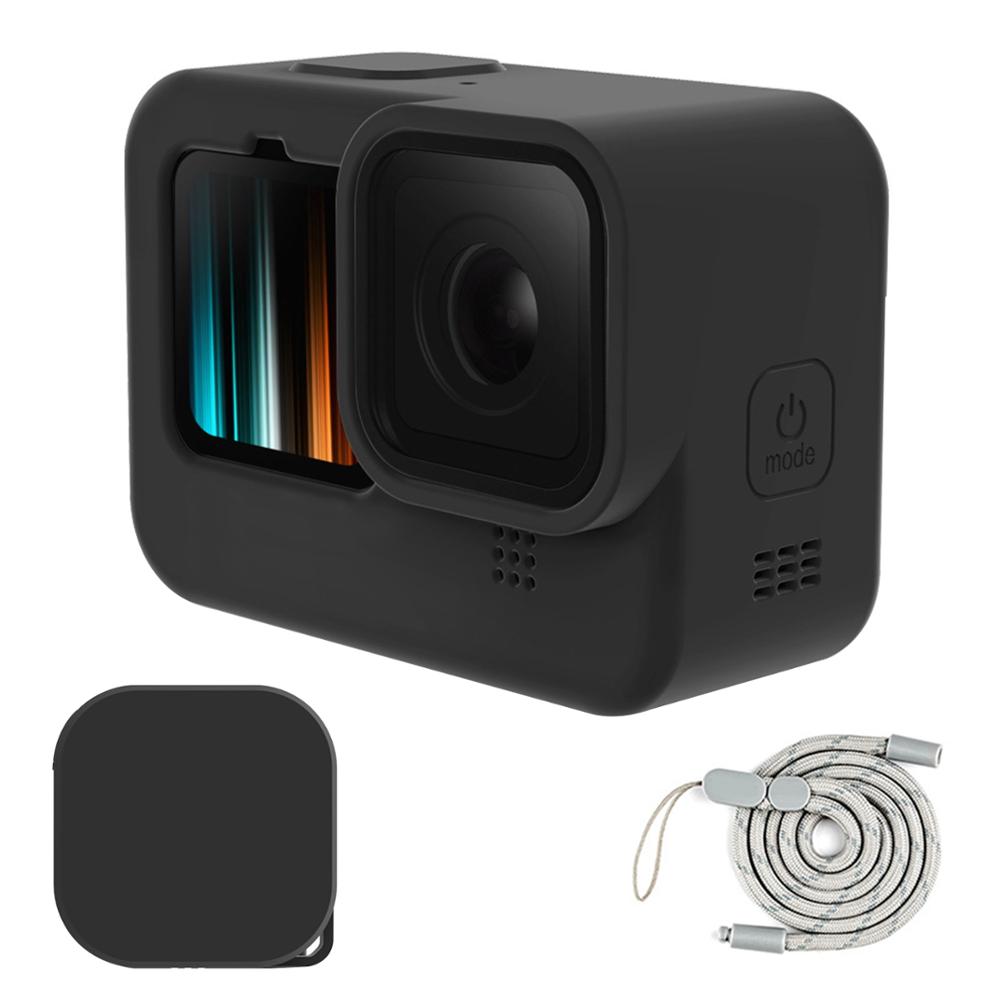 3 i 1 for gopro hero 9 svart deksel silikon kamerahusdeksel + beskyttende silikonlinsedeksel + håndleddsstropp for gopro 9 action kamera: Svart