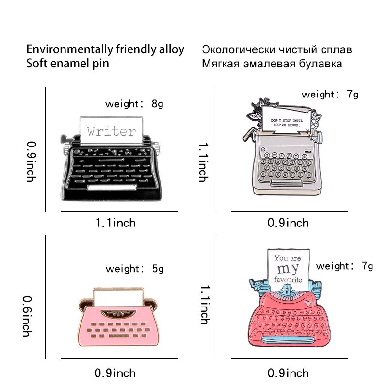 Schrijfmachine Emaille Pins Vintage Rood Zwart Metalen Badges Broches Jassen Overhemd Zak Revers Pin Accessoires Sieraden Voor Schrijver