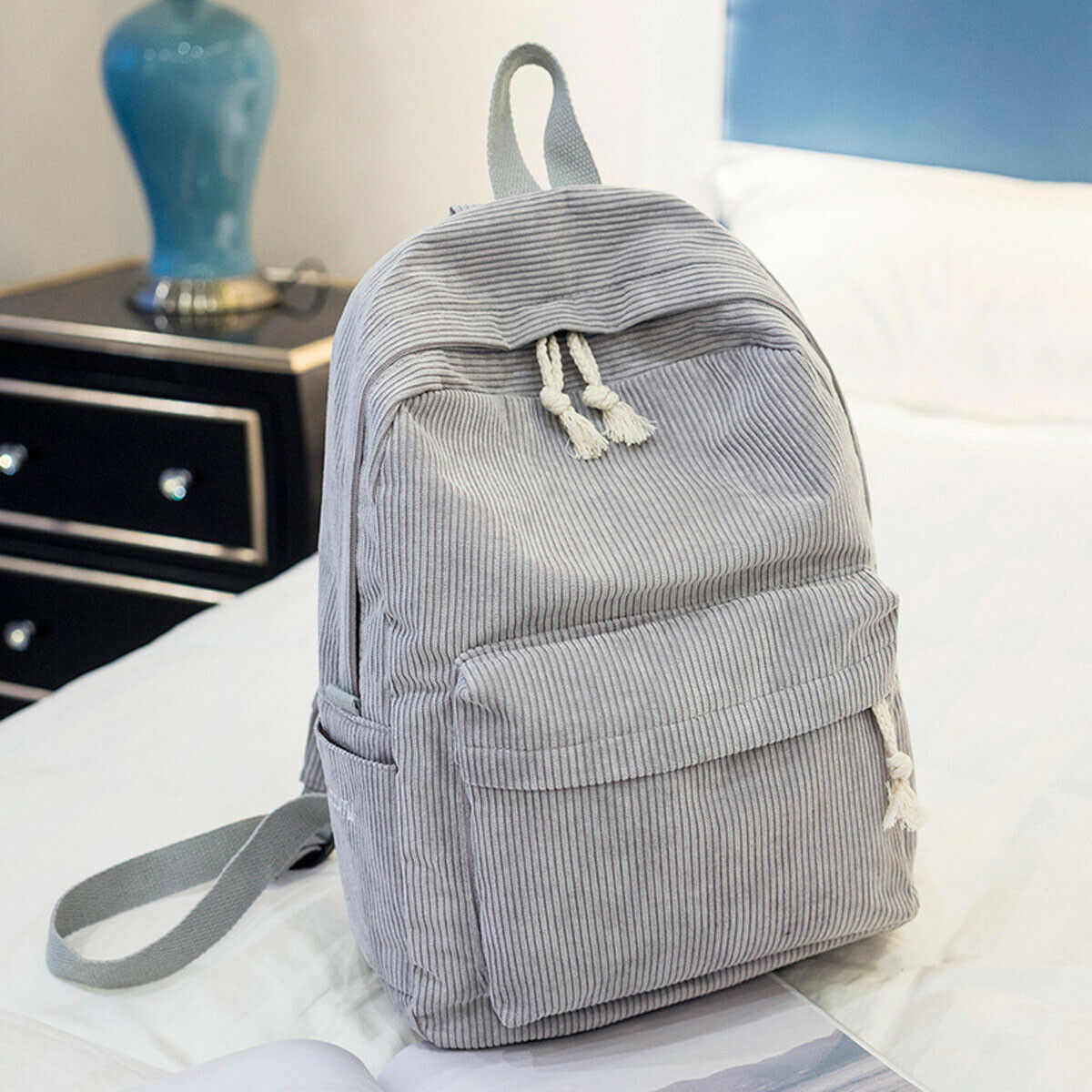 Kvinner dame enkel preppy stil corduroy ryggsekk jenter casual ensfarget dobbel glidelås reiser skolesekk rosa blå grå grønn: Grå
