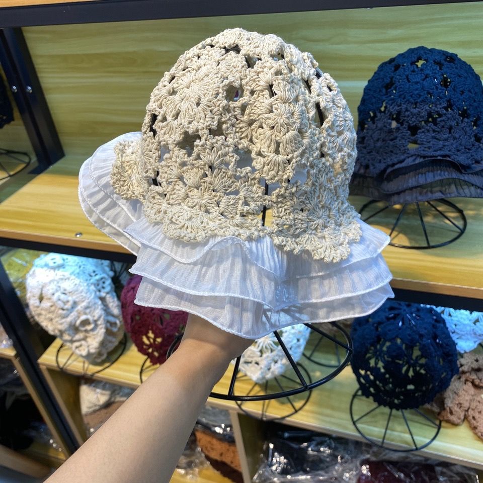 202012-yc2115 French garden Eyelash lace handmade crochet Ruffle Hollowing out acrylic leisure lady sun cap women hat: Beige